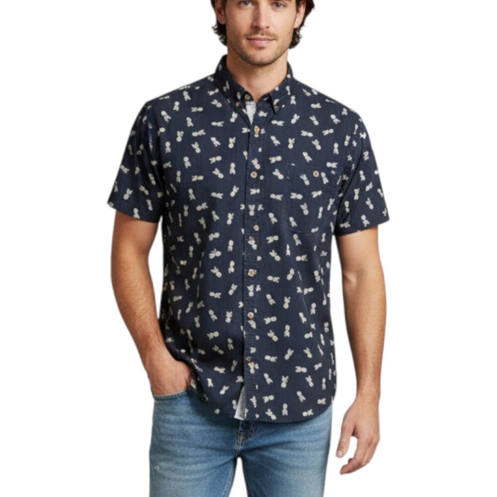 Sunrise Kingdom Men XL Pineapple Print Button Down Shirt Blue Short Sleeve Casua